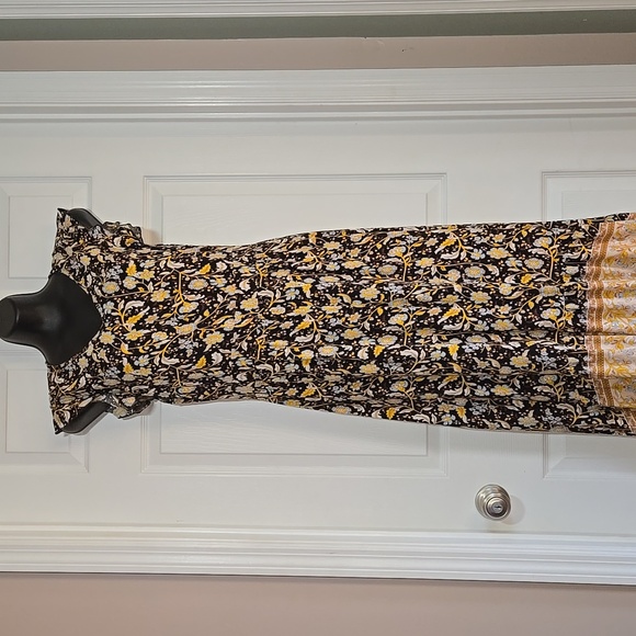 176. Pretty Garden Yellow Black Floral High Low Maxi Ruffe Dress Size Large - Picture 1 of 6